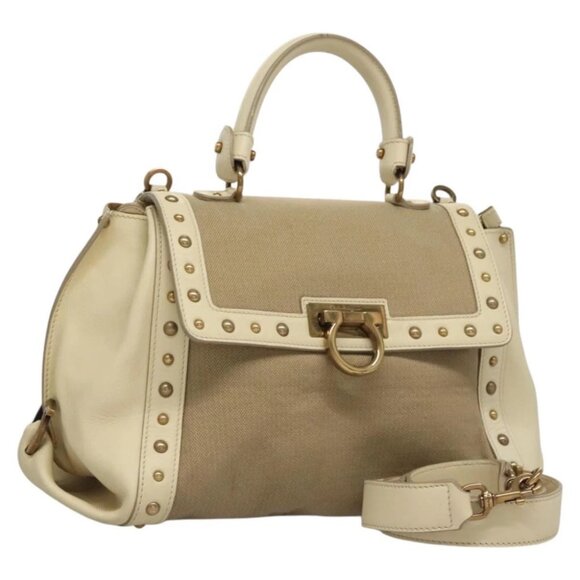 Salvatore Ferragamo Gancini Hand Bag Canvas Leather 2way Beige Gold